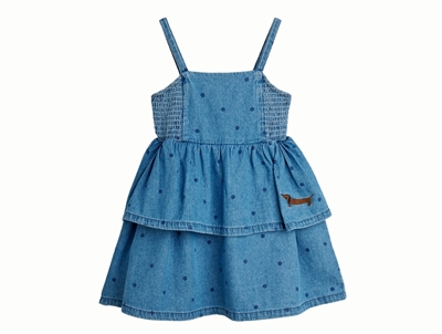 Mini Rodini kjole i blue med prikprint og stropper set forfra