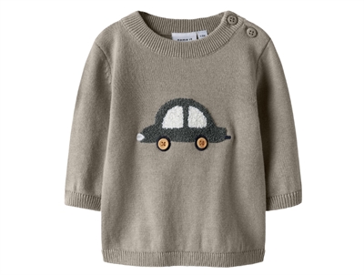 Name It striktrøje i grønlig beige nuance vintage khaki med bilmotiv