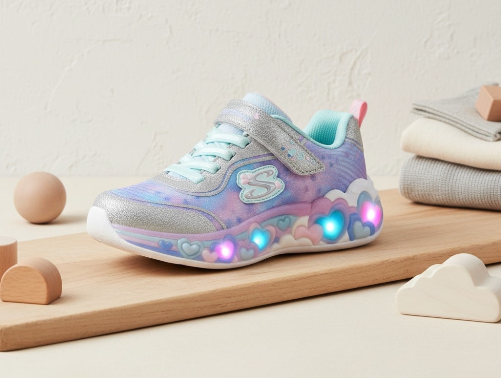 Skechers Eternal Heart Lights Sneaker Sølv Med Hjerter Og Blinklys - Str. 27.5