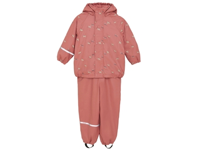 CeLaVi regnsæt i brick dust med fleecefoer og hestemotiv set forfra