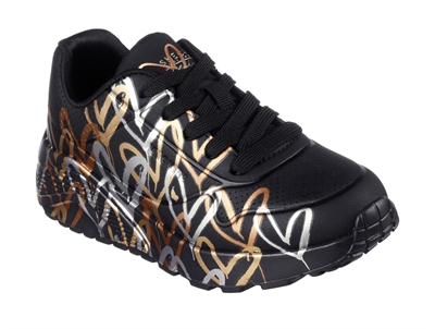 Skechers Uno Lite sneakers sort til piger med metallic hjerteprint