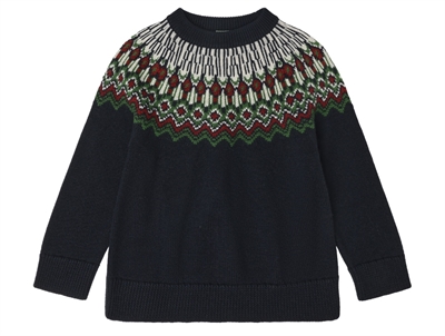 Fair Isle sweater i dark navy med mønstret bærestykke fra FUB i merinould