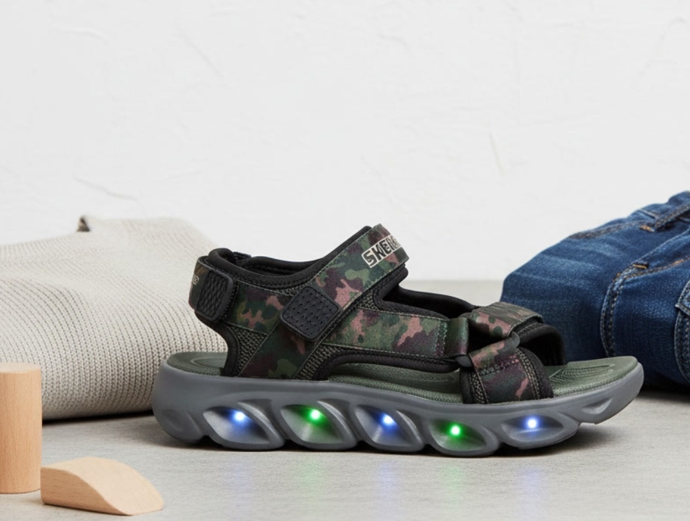 Skechers Sandal Sort/oliven Med Camouflage Og Blinklys - Str. 27