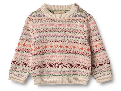 Wheat striktrøje multi med jacquardmønster og skulderåbning set forfra