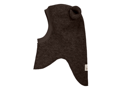 Huttelihut elefanthue mørkebrun melange med små ører set fra siden