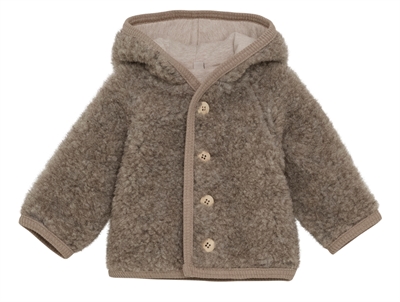 Huttelihut uldjakke camel melange med spids hætte og kvast