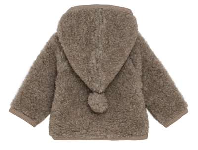 Huttelihut uldjakke camel melange med hætte og kvast set bagfra