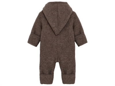 Huttelihut køredragt i brun melange med blød uldfleece og spids hætte set bagfra