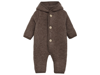 Huttelihut køredragt i brun melange med blød uldfleece og spids hætte set forfra