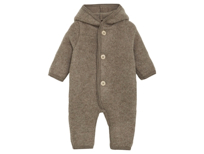 Huttelihut køredragt i savanne melange med blød uldfleece og spids hætte set forfra