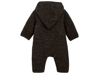 Huttelihut køredragt i mørkebrun melange med blød uld og hætte set bagfra