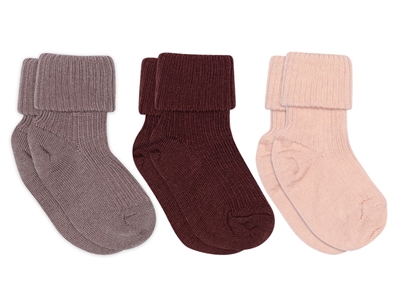 mpKids babystrømper 3-pak i uld med rib i farverne rose dust, mauve og bordeaux