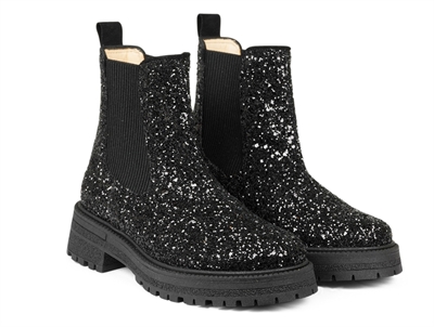 Angulus Chelsea støvle i sort glitter med chunky sål