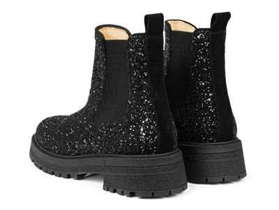 Angulus Chelsea støvle i sort glitter med chunky sål set bagfra