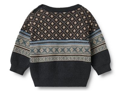 Wheat striktrøje navy med jacquardmønster og skulderknapper set bagfra