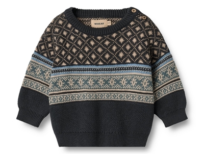 Wheat striktrøje navy med jacquardmønster og skulderknapper set forfra