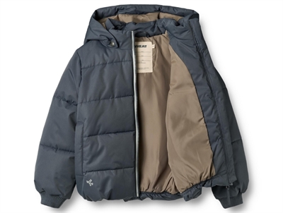 Wheat pufferjakke i ink åbnet og vist indefra med kontrastfoer