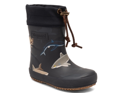 Bisgaard thermo vintergummistøvle blå med hajprint og uldfoer