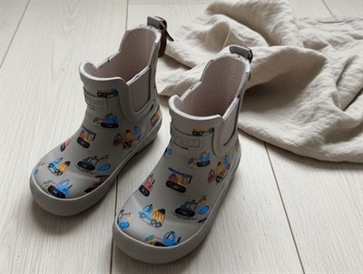 Bisgaard baby rubber gummistøvler i råhvid med entreprenørmaskiner