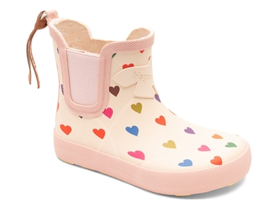 Bisgaard barefoot rubber gummistøvler i råhvid med farvede hjerter Bisgaard gummistøvler med hjerteprint og rosa sål