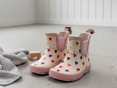 Bisgaard barefoot rubber gummistøvler i råhvid med farvede hjerter Bisgaard gummistøvler med hjerteprint og rosa sål