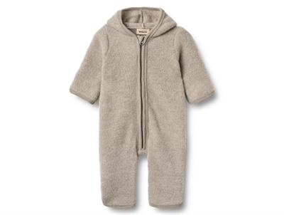 Wheat Wool fleece suit Ata khaki melange med hætte og trykknapper set forfra