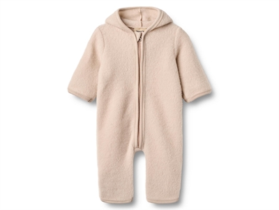 Wheat Wool fleece suit Ata pale lilac med hætte og trykknapper set forfra