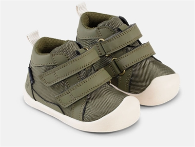 Bundgaard Mio barefoot sko i army grøn med velcro lukning set forfra