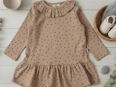 Petit Piao café rose/denim blue frill dot kjole modal