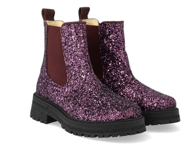 Angulus Chelsea støvle aubergine glitter med chunky tracksål