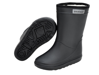 En Fant sorte termo gummistøvler med uldfoer set nedefra og fra siden