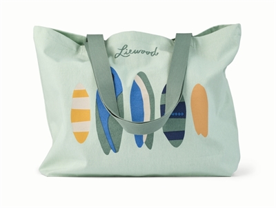 Liewood totebag i light peppermint med boards print