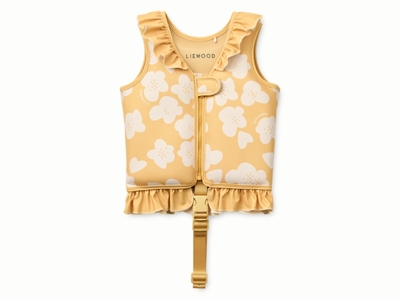 Liewood Dove svømmevest i gul nuance med blomsterprint og flæser set forfra