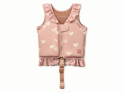 Liewood Dove svømmevest i rosa nuance med hjerteprint og flæser set forfra