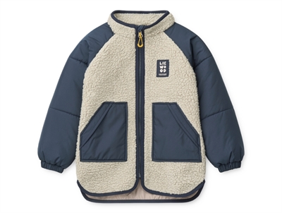 Liewood Runa jakke i råhvid og navy med fleece og quiltede ærmer