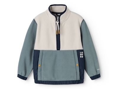 Liewood Wynn fleece bluse i blå og råhvid nuance med half zip
