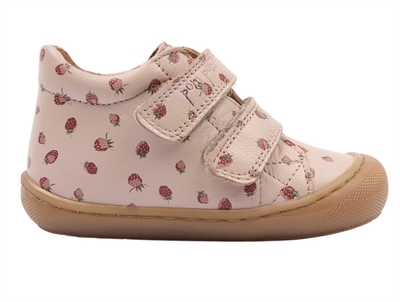 Pom Pom begyndersko dusty rose med jordbærprint og velcro