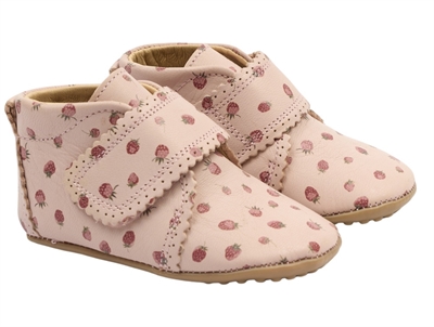 Pom Pom hjemmesko dusty rose med jordbærprint og velcro scallops