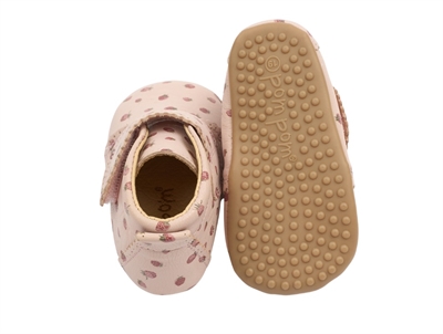 Pom Pom hjemmesko dusty rose med jordbærprint og velcro scallops