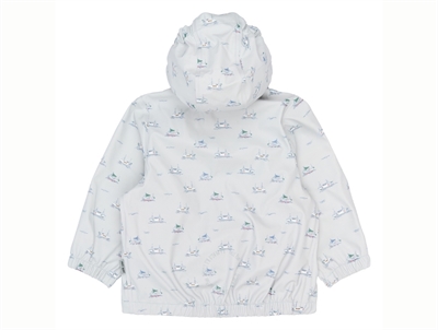 Petit Piao regnjakke i lys blå nuance med bådprint set bagfra