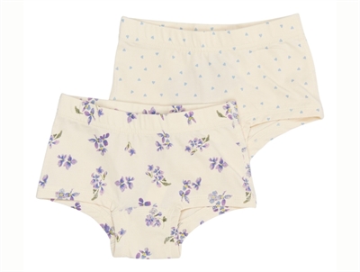 Petit Piao hipsters 2-pack i creme nuance med blomsterprint og blå hjerter