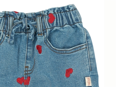 Petit Piao denim bukser lyseblå med broderede hjerter detalje