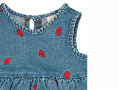 Petit Piao denim kjole broderede hjerter detalje